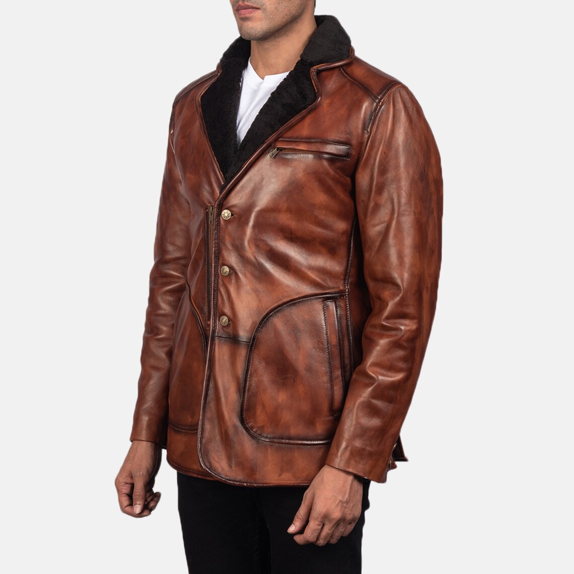 Men’s Brown Slim Fit Biker Leather Coat side