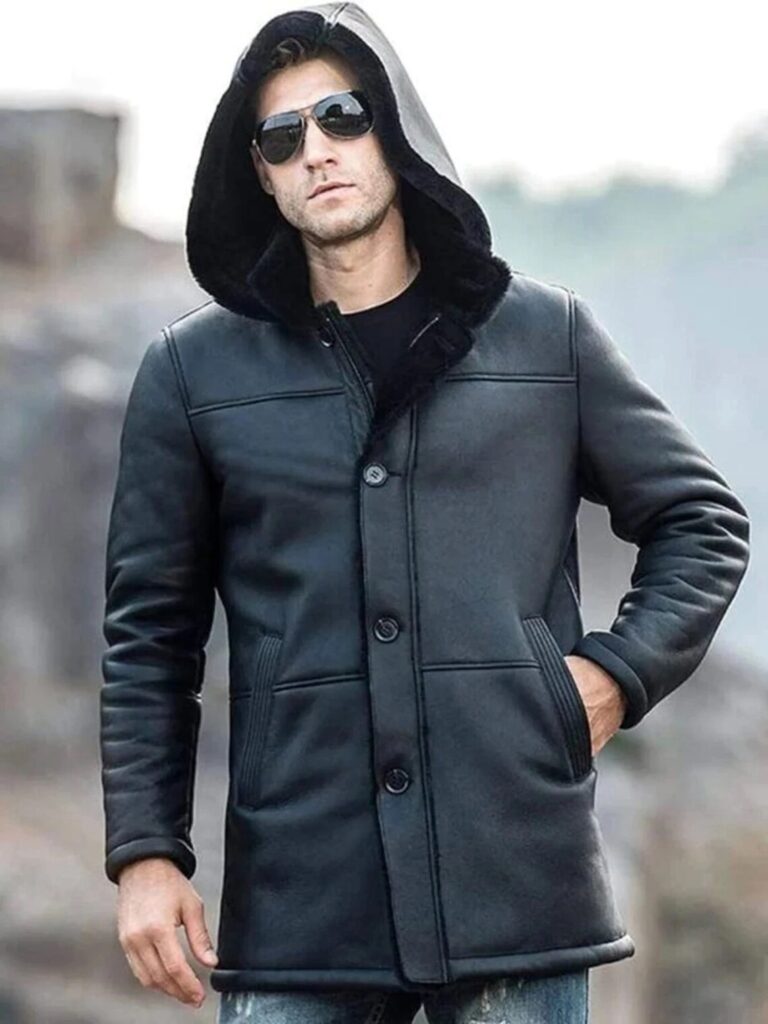 Men’s Midnight Black Bomber Shearling Leather Hooded Coat hood