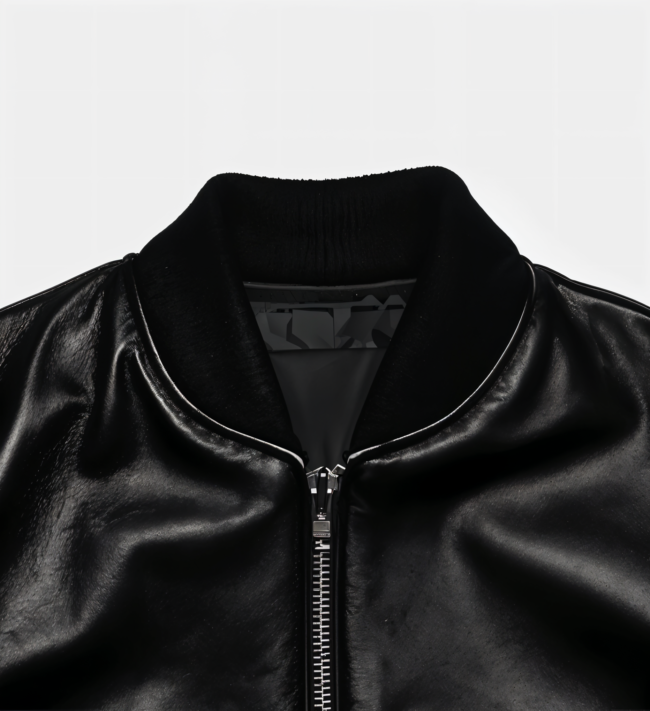 Men's Sheepskin Black Leather Bomber Jacket - Image 2