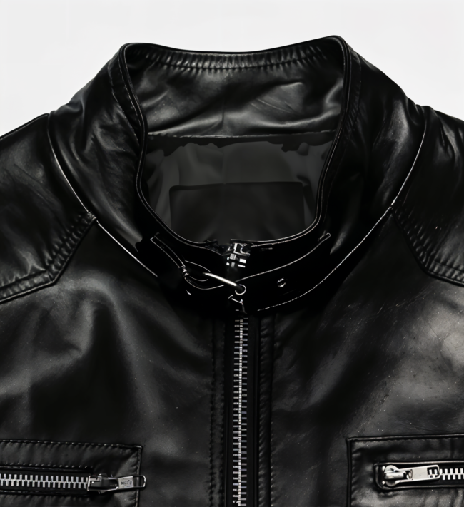 Men's Band Collar Biker Leather Jacket - Image 2