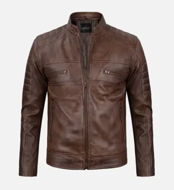 Men's Distressed Coffee Brown Cafe Racer Leather Jacket