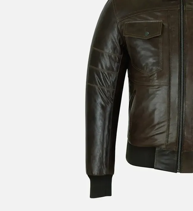 Men’s Slim Fit Brown Bomber Leather Jacket - Image 2